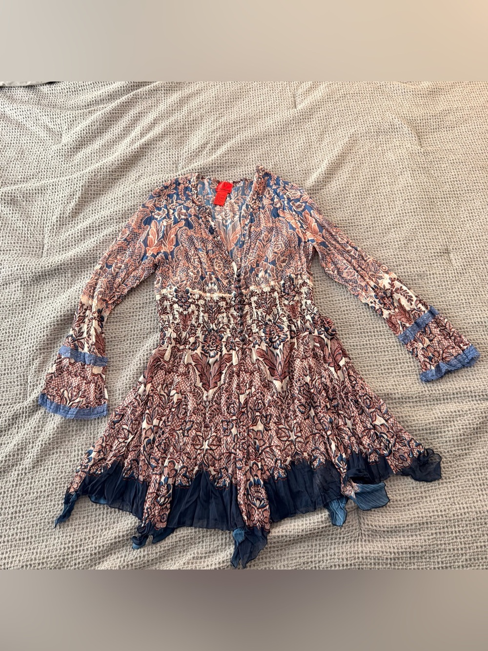 Christina Blue Floral Print Tiered Dress with Cream & Coral Accents